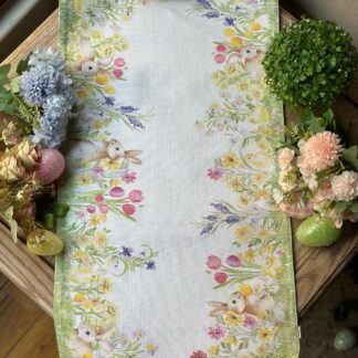 Camino de mesa doble vista cuadros y conejos flores cenefa